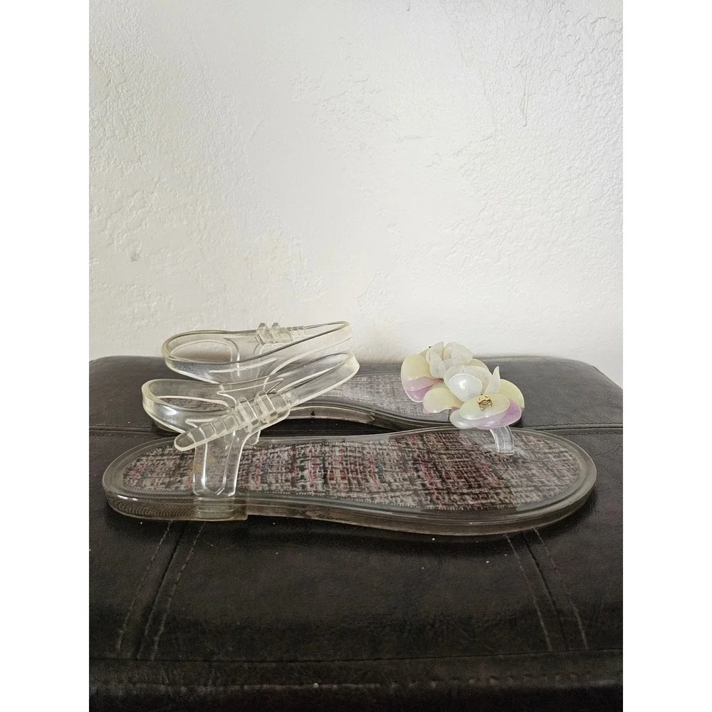 CHANEL Pink CC Clear Camelia Jelly Strap Flip Flops Flat Sandals sz EU 37 US 6.5